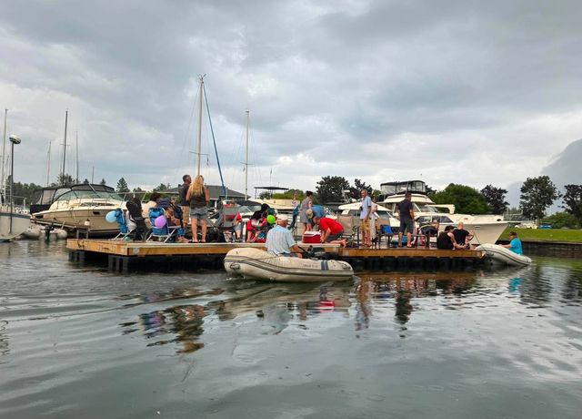 A floating barge party on the basin